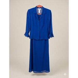 Studio I Petite blue two-piece sheath dress with a matching ruffled chiffon jack